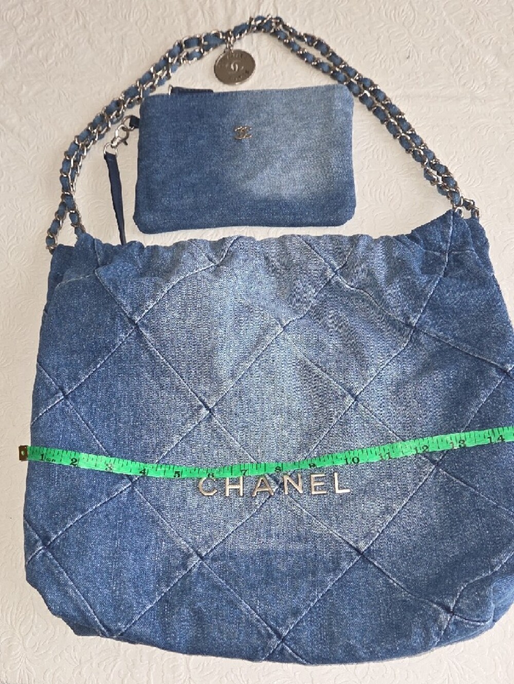 NWOT Quilted Denim Tote in Blue with Chain Strap - Picture 8 of 11